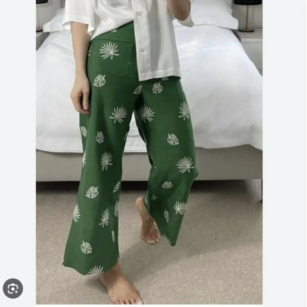 Zara Linen Khaki Wide Leg Palm Leaf Embroidered Culottes Pants Green Size Small
